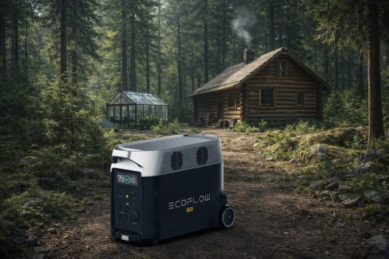 EcoFlow Delta Pro portable power station at off-grid cabin in forest