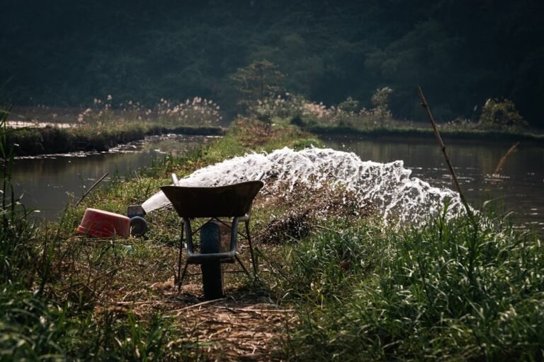 Water being pumped into a pond from a machine.