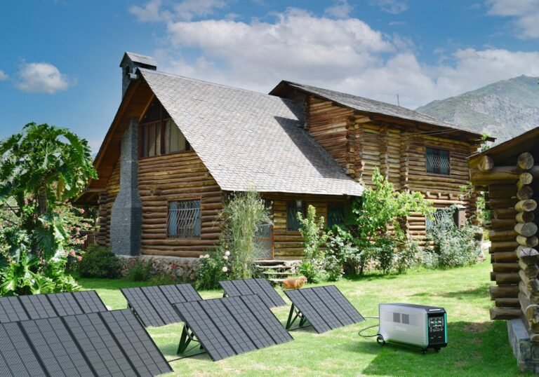 A log cabin with solar panels on the lawn