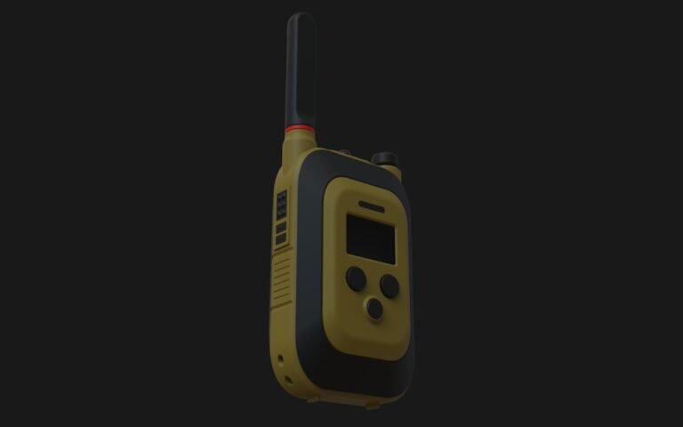 A yellow and black walkie-talkie on a dark background.
