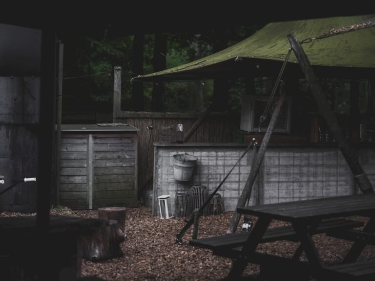 Outdoor seating area with picnic table and canopy.