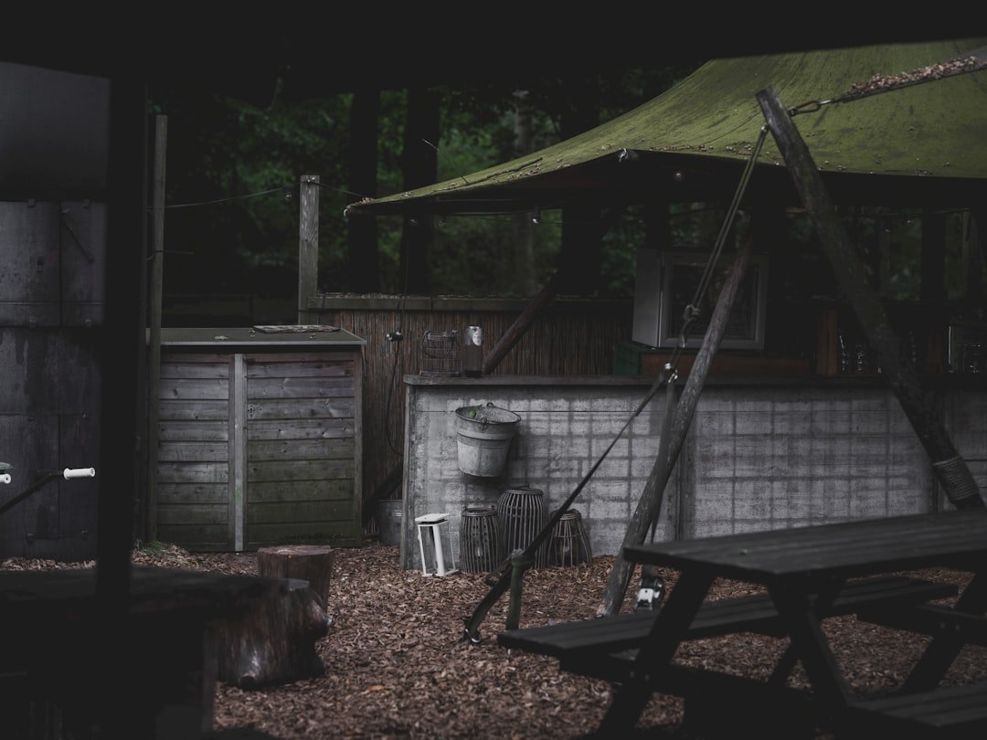 Outdoor seating area with picnic table and canopy.