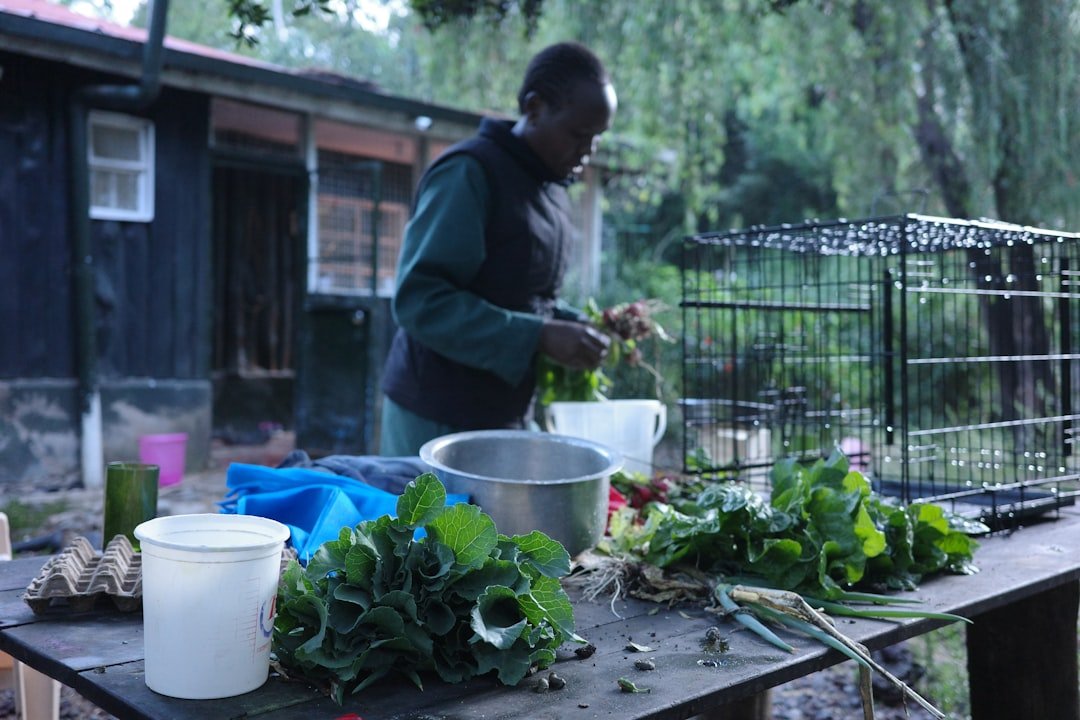 Person preparing fresh vegetables on a table outdoors.