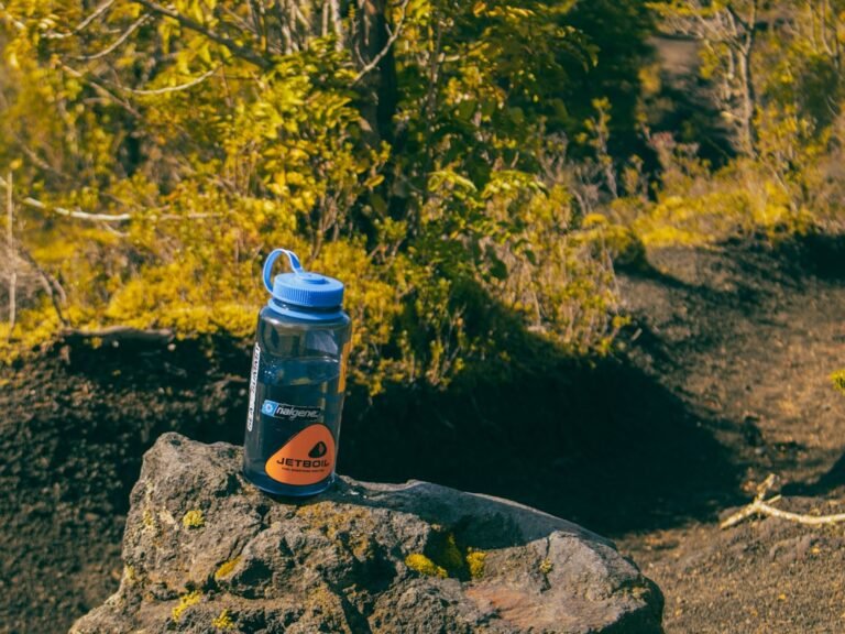 Blue water bottle resting on a rock outdoors.