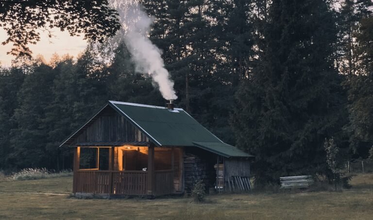 Cabin with smoke coming out of chimney near trees
