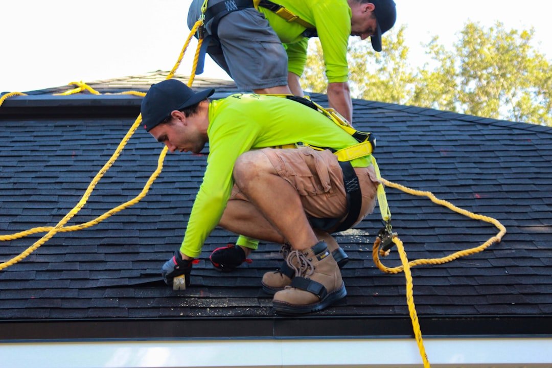 Two men working on the roof of a house