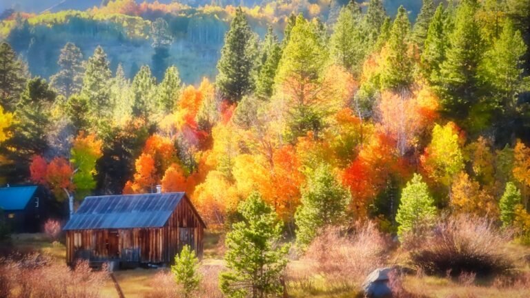 Brown wooden house near green and orange trees during daytime