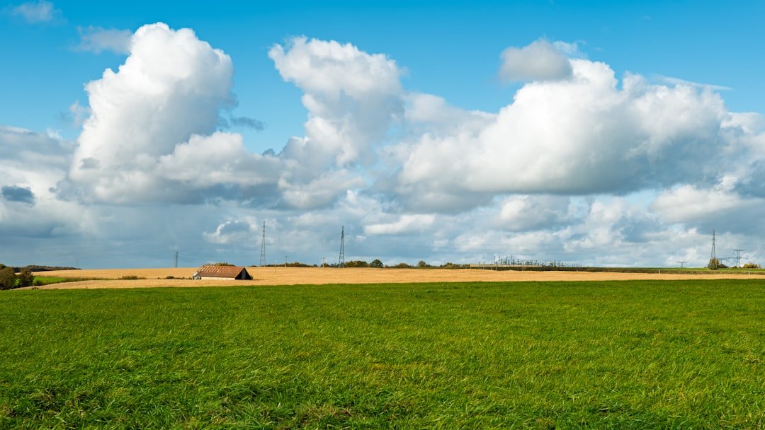 Green field with a small building under cloudy sky