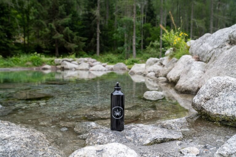 A black bottle sitting on top of a rocky river