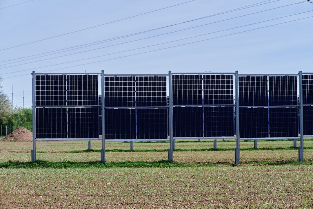 A row of solar panels in a field