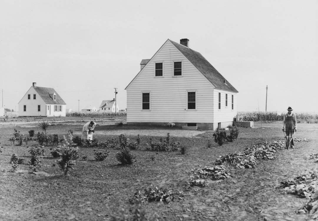 Two houses and people in a garden
