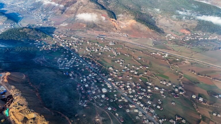 Aerial view of a village nestled in a valley