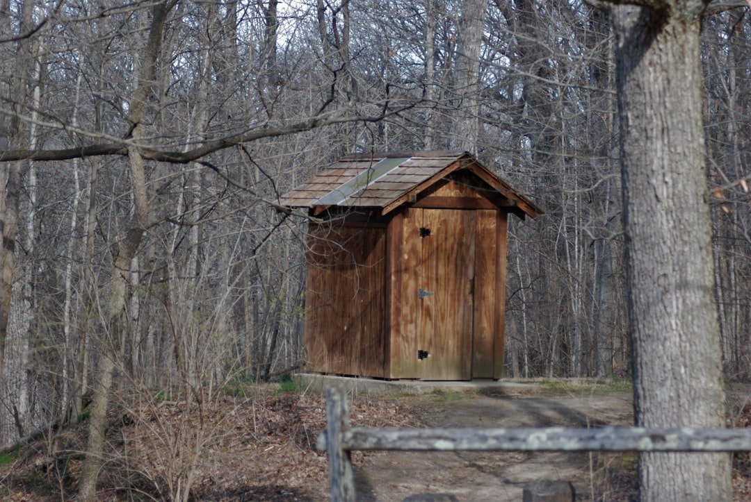 Wooden outhouse structure in a wooded rural setting